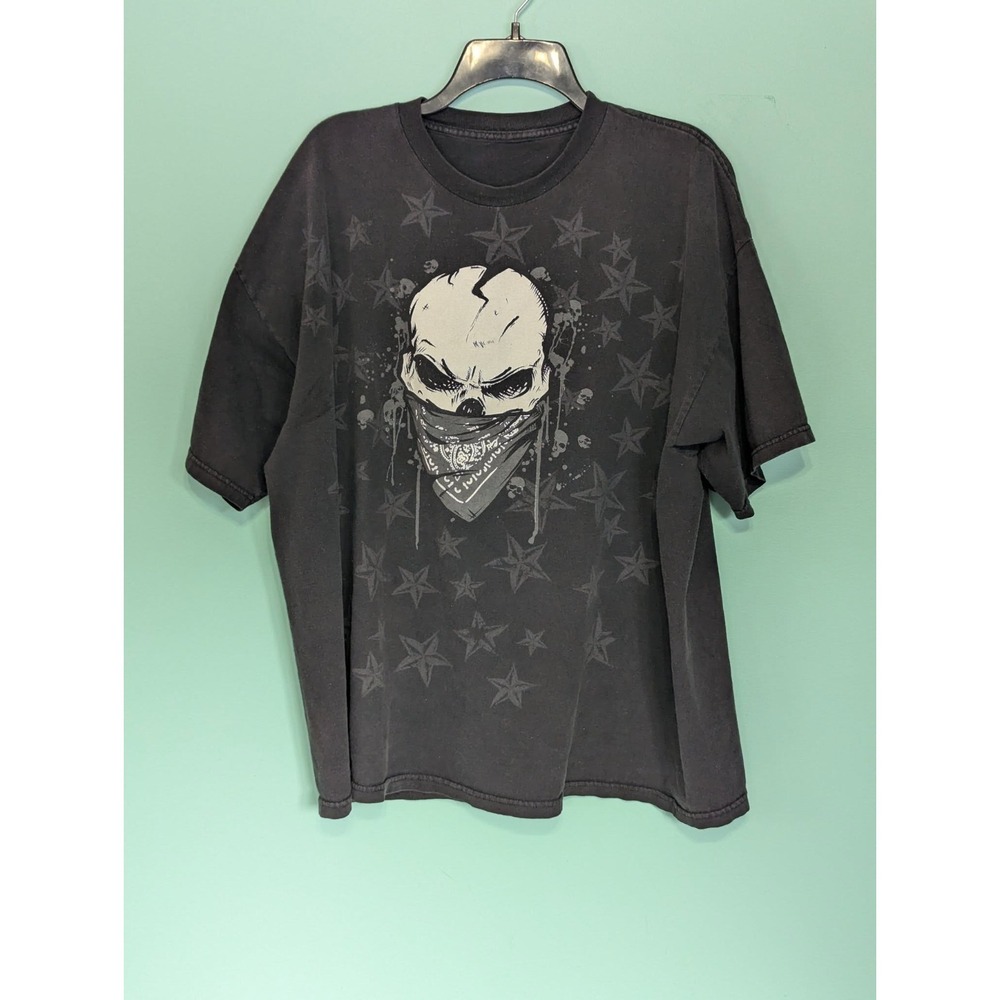 Skull With Bandana Stars Black T-Shirt XL Vintage Pit to Pit 25" - Picture 3 of 8